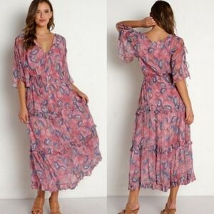 Cleobella NWT Lotus Print Ruffle Tiered Maxi Dress XS Boho Romantic Feminine